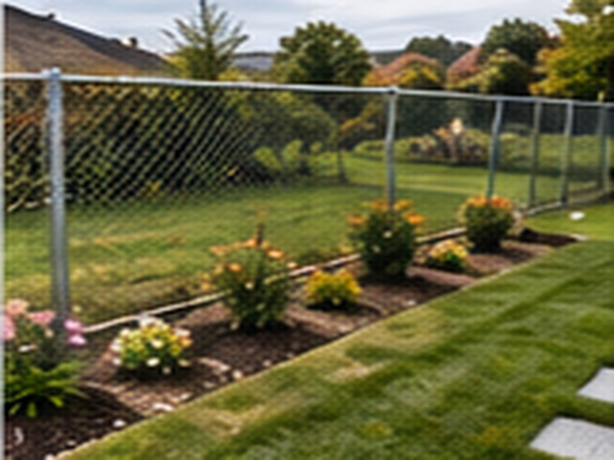A residential backyard with an exposed chain-link fence and sparse planting