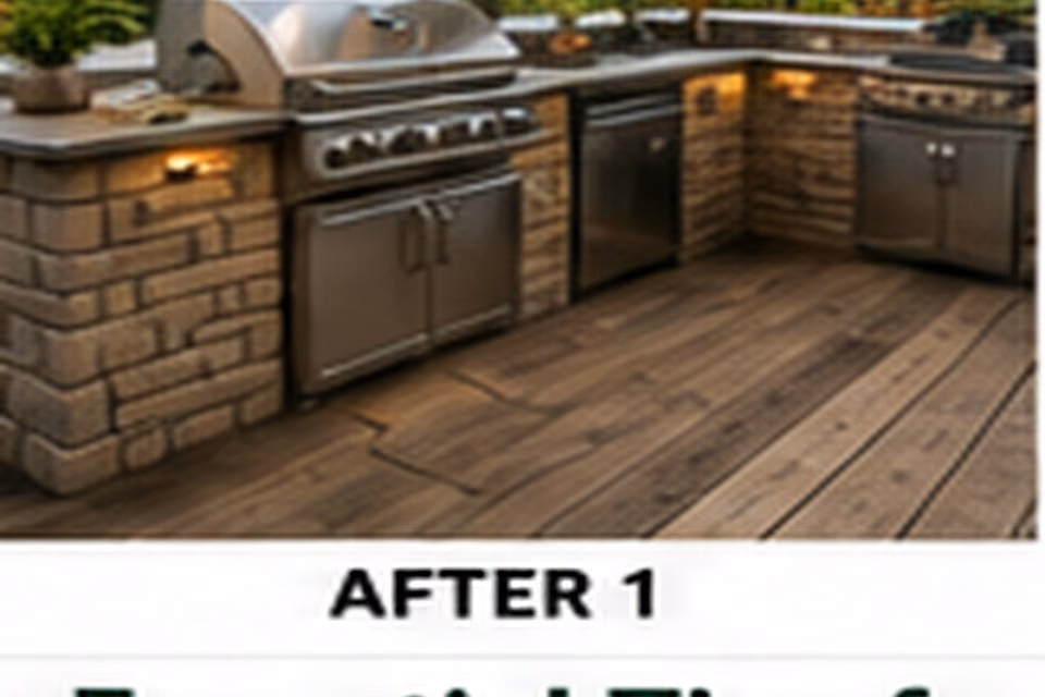 A compact outdoor grill station with prep counter, storage, and overhead cover