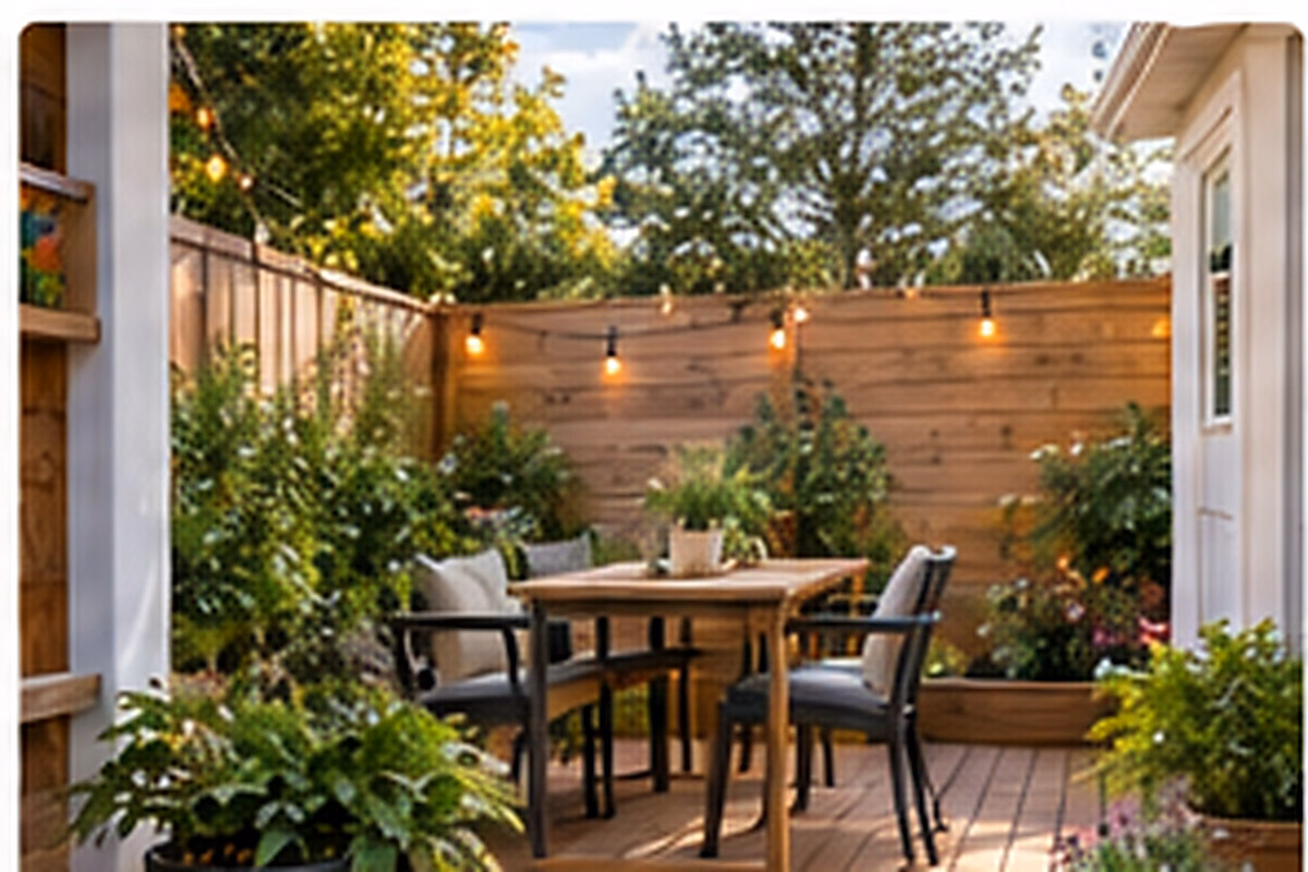 Raised garden bed with green leafy plants and a simple backyard layout