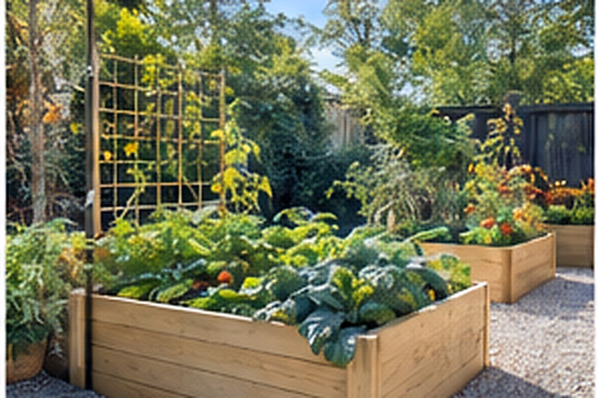 Raised wooden garden bed arranged for productive growing in a sunny yard