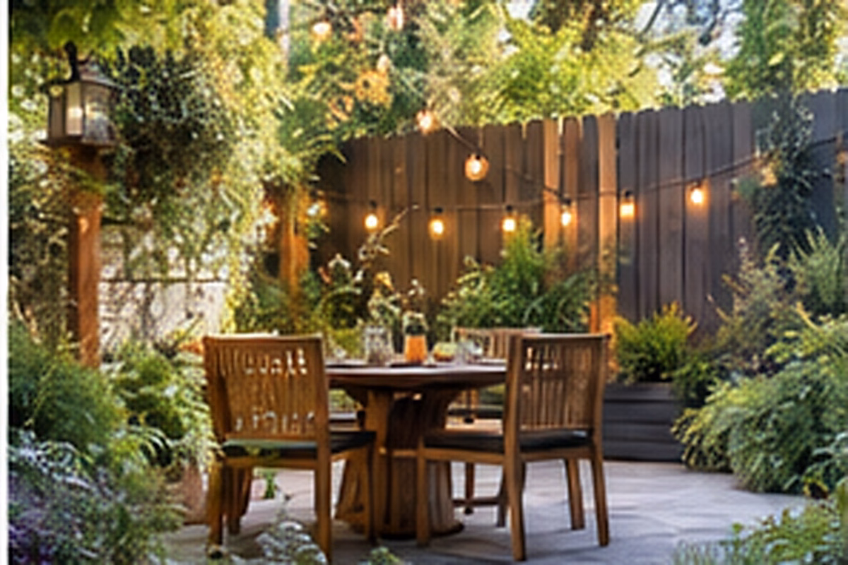 Compact backyard dining area with wood furniture, plants, and string lights