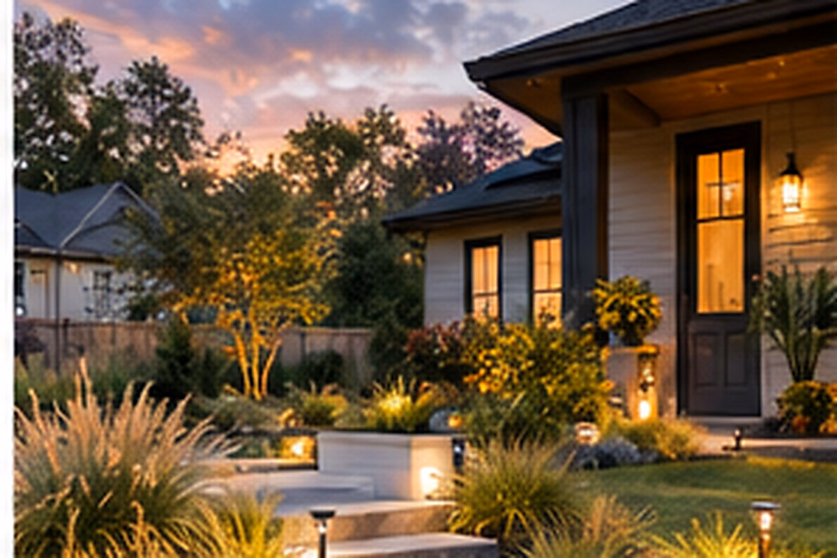 Layered front-yard planting with ornamental grasses and flowering perennials near a U.S. home