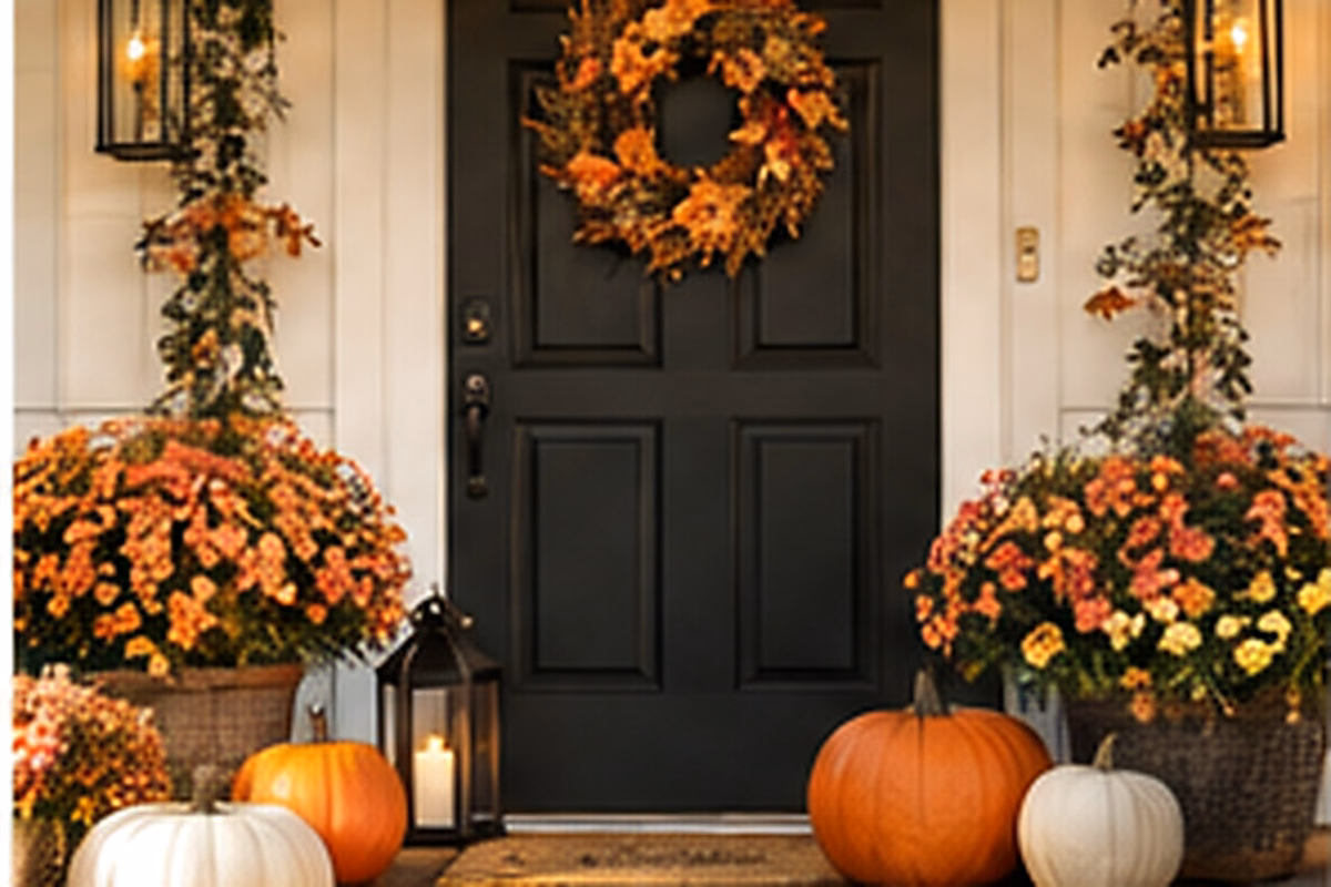 Orange and yellow mums arranged around a welcoming U.S. front porch in early fall