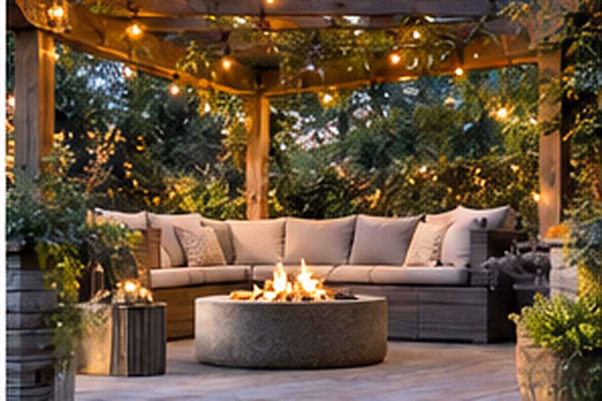 Backyard patio with a central fire feature and surrounding seating
