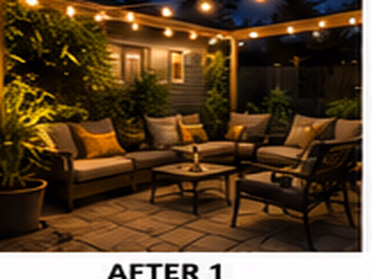 A warmly lit patio with layered low-voltage lights around seating and paths