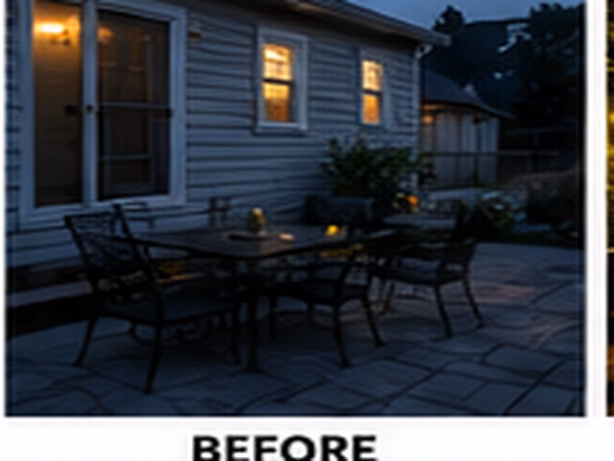 A residential patio after sunset with little useful lighting