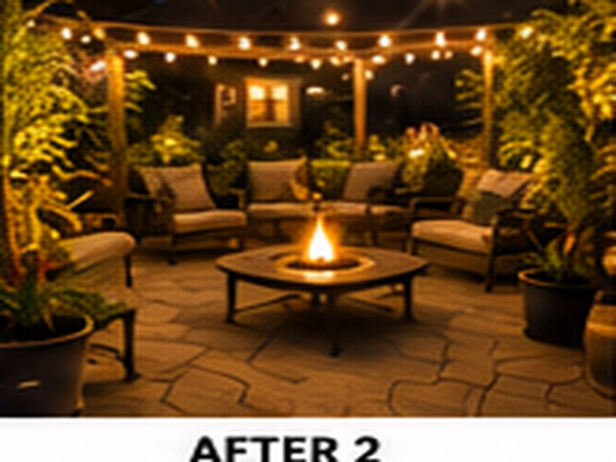A close detail of a low-voltage outdoor light fixture at patio level