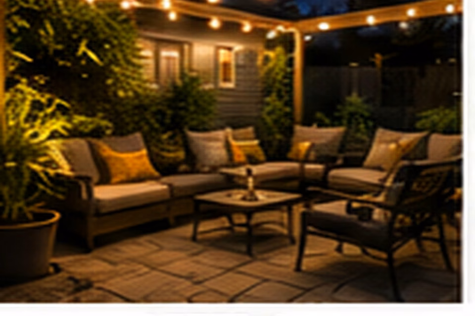 A warmly lit patio with layered low-voltage lights around seating and paths