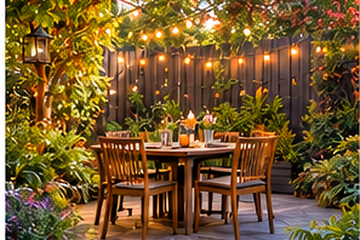 Layered privacy garden with shrubs, flowers, and a natural walking path