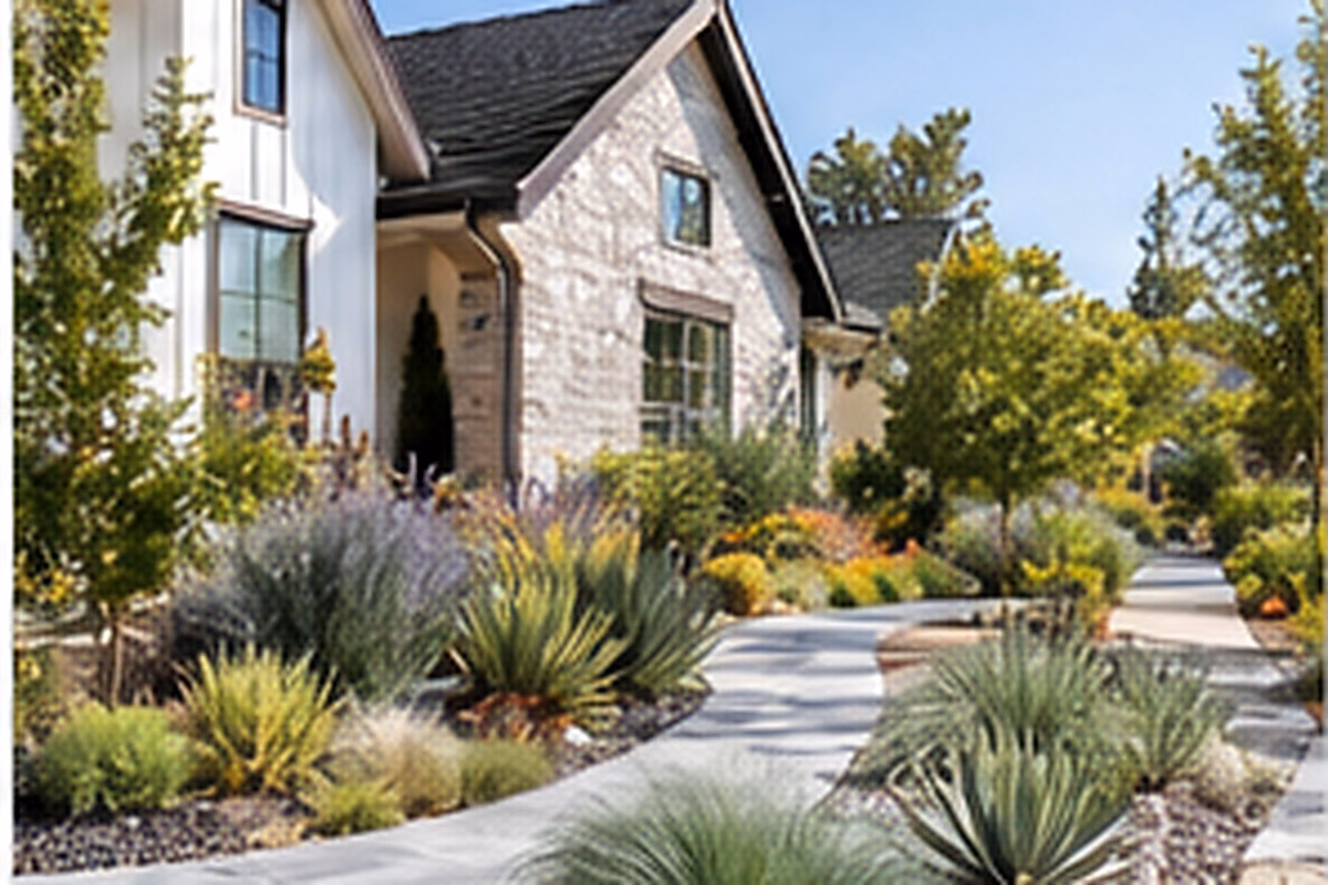 Drought-smart front-yard landscape with ornamental grasses and stone paths