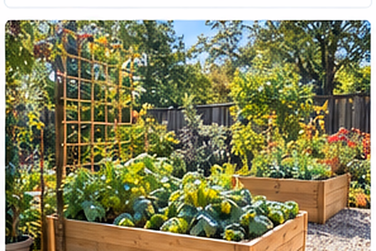 Neatly planted raised beds with vegetables and a simple gravel garden path