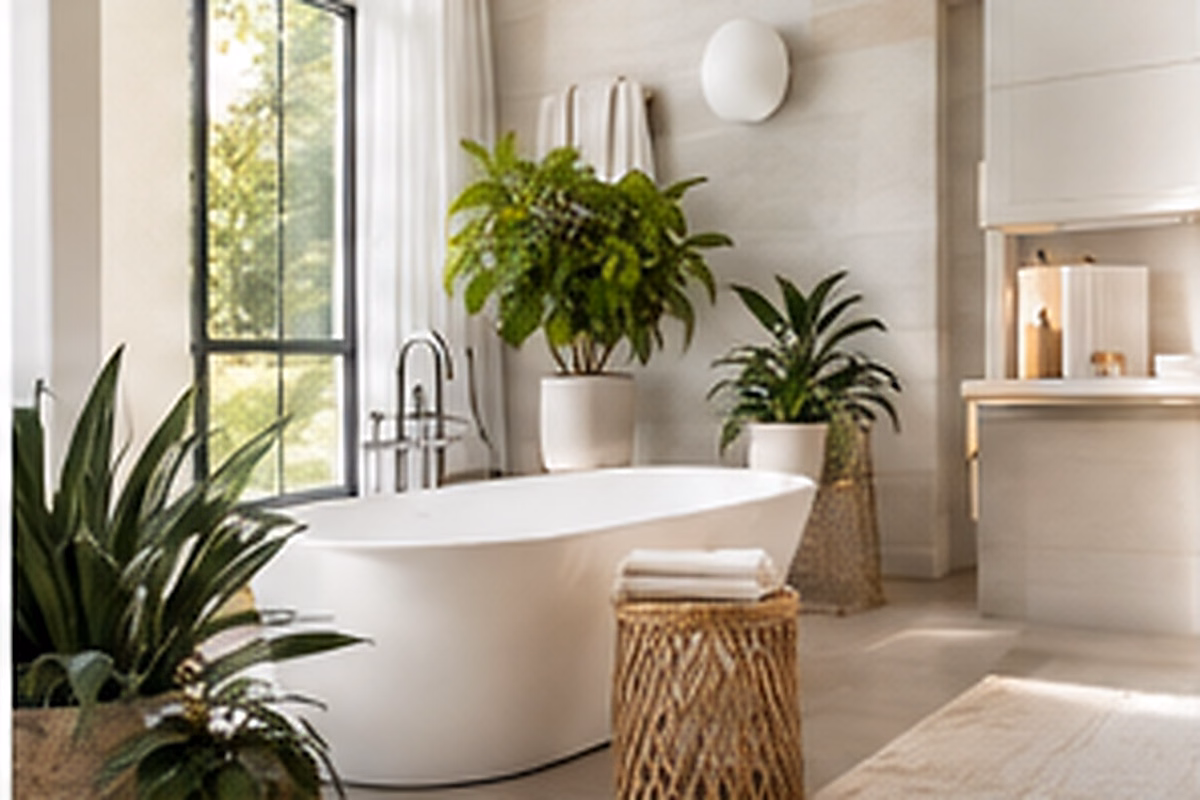 Bright spa-style bathroom with a freestanding tub and natural finishes