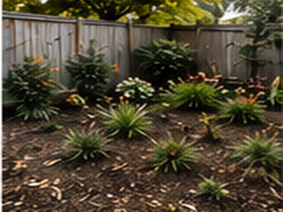 A residential garden in early fall before seasonal cleanup and planting work