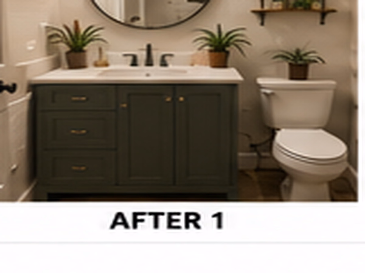 A refreshed small bathroom with updated cabinet color, mirror, lighting, and storage