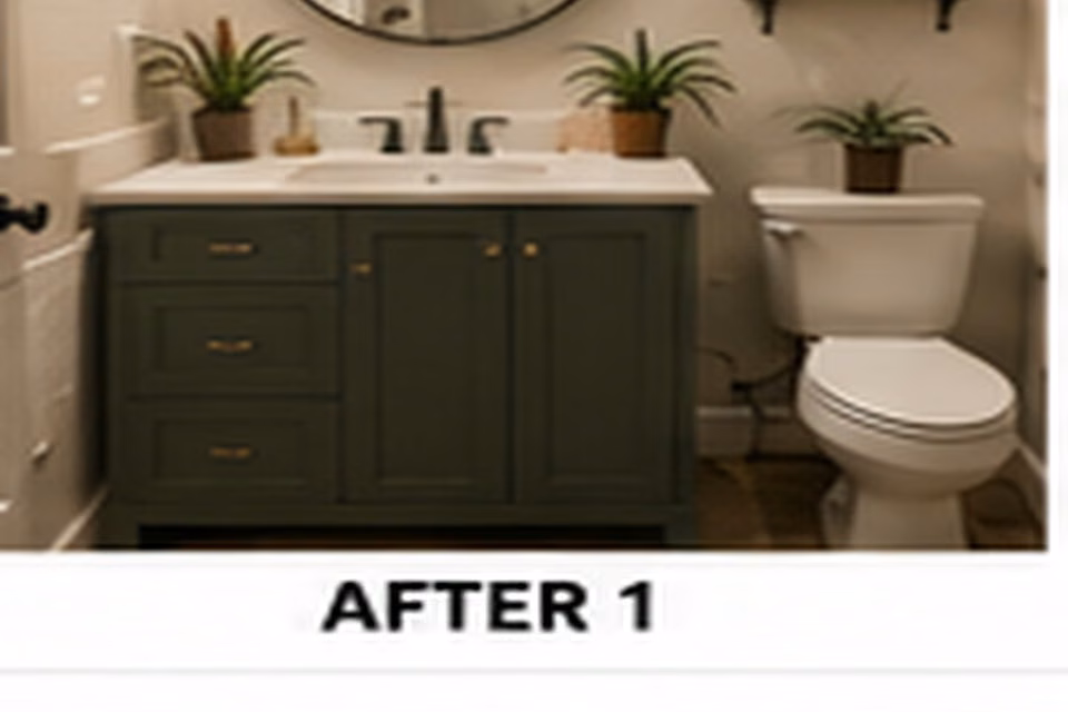 A refreshed small bathroom with updated cabinet color, mirror, lighting, and storage