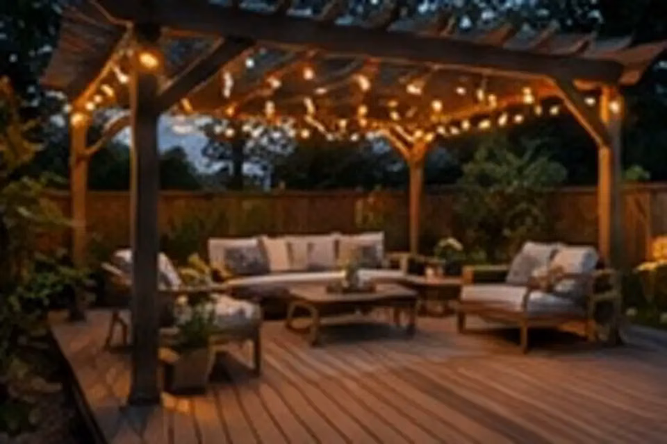 Small American patio arranged like a compact courtyard garden with seating