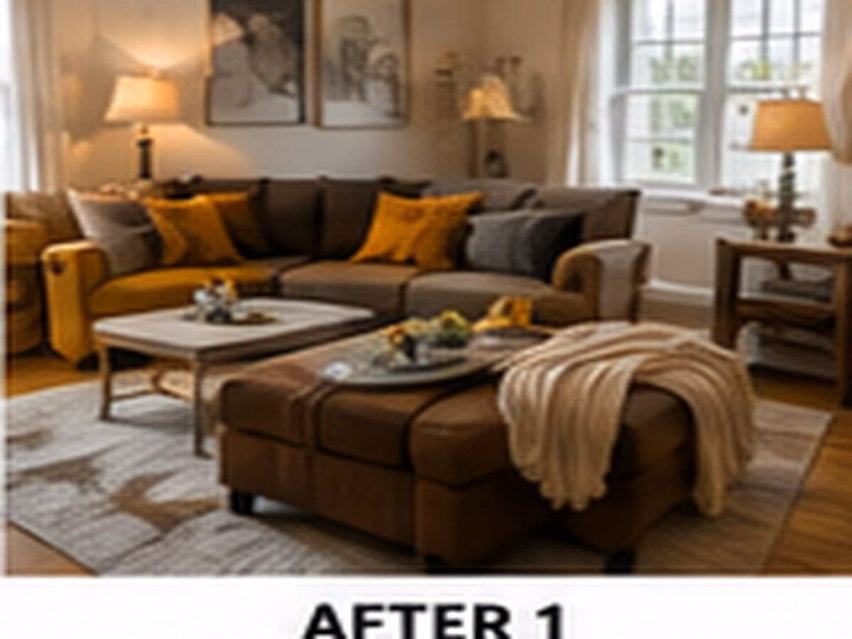 A warm layered living room with earthy upholstery, throws, wood, and soft lighting