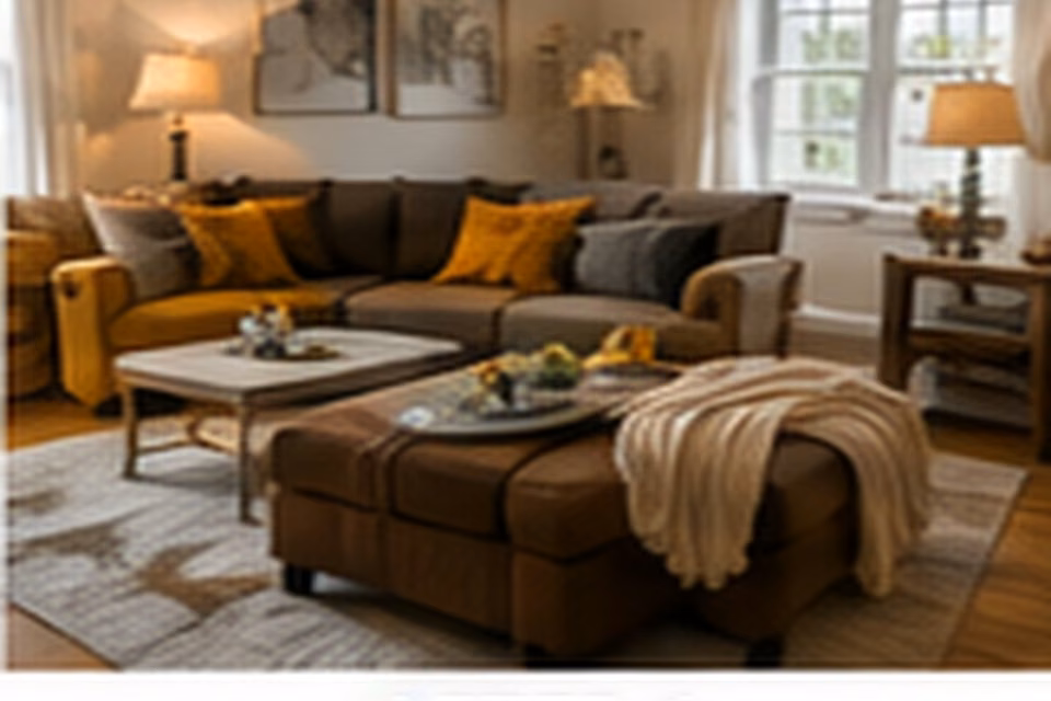 A warm layered living room with earthy upholstery, throws, wood, and soft lighting